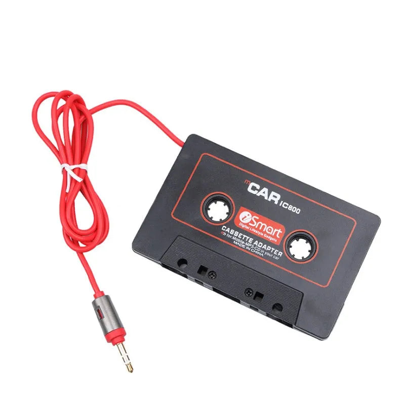 Black cassette adapter with 3.5mm audio jack for connecting MP3 players and mobile phones to car stereo cassette decks