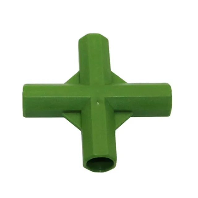 White plastic three-way and four-way garden stake connectors for building 11mm plant support frames.