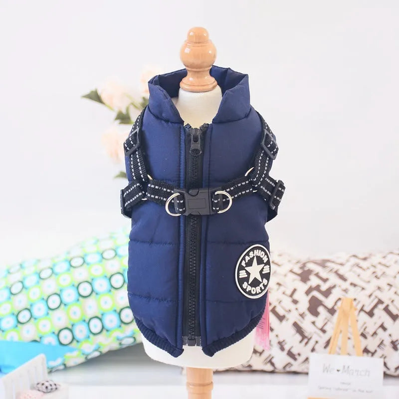 Waterproof dog coat with integrated harness in rain silk fabric available in red, navy blue, and army green colours