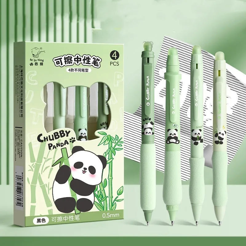 Erasable cartoon-themed press gel pen with 0.5mm fine tip in black and crystal blue ink options.