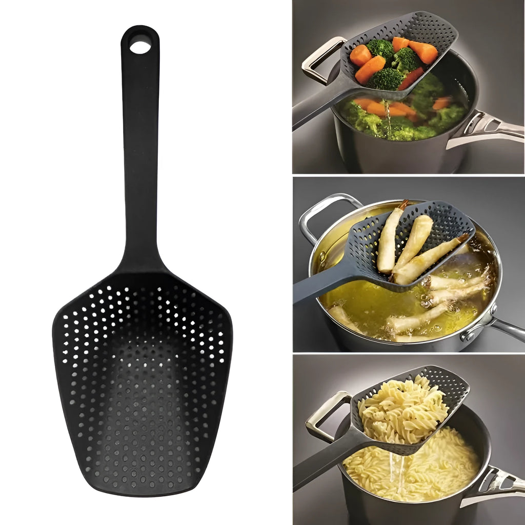 Large nylon strainer colander spoon with 1.90mm thickness in black colour for kitchen cooking and frying