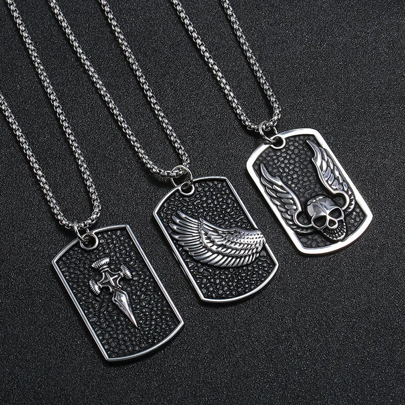 Men's Korean style necklace with alloy pendant and stainless steel chain on a flat surface