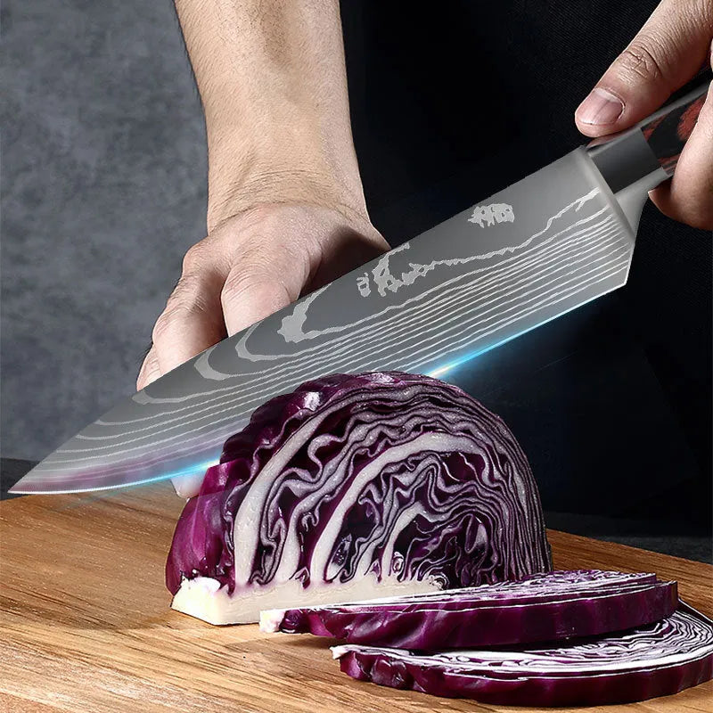Kitchen chef knife with laser Damascus pattern on 7CR17 stainless steel blade and colour steel handle