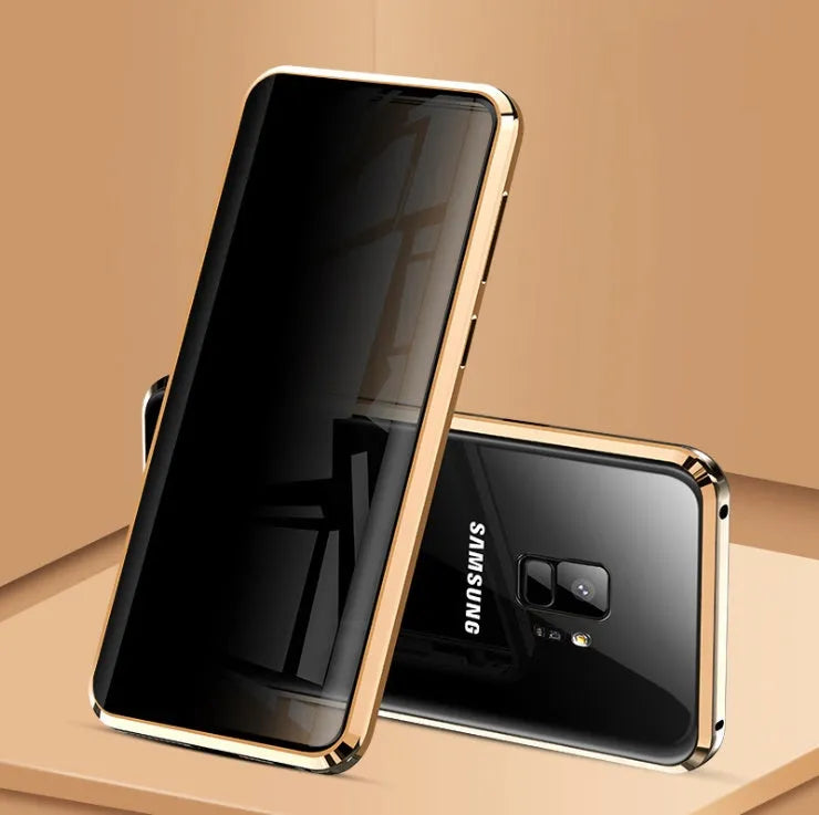 Black magnetic privacy phone case with clamshell design showing anti-peeping screen
