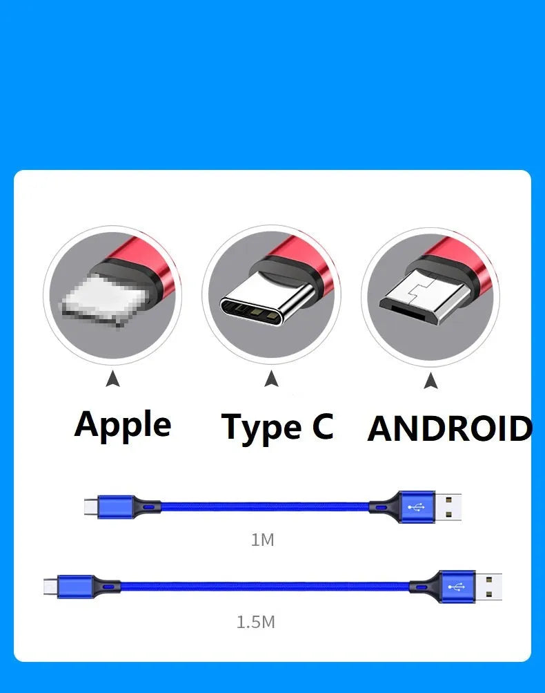 Long mobile phone data cable in multiple colours with Type-C and USB connectors