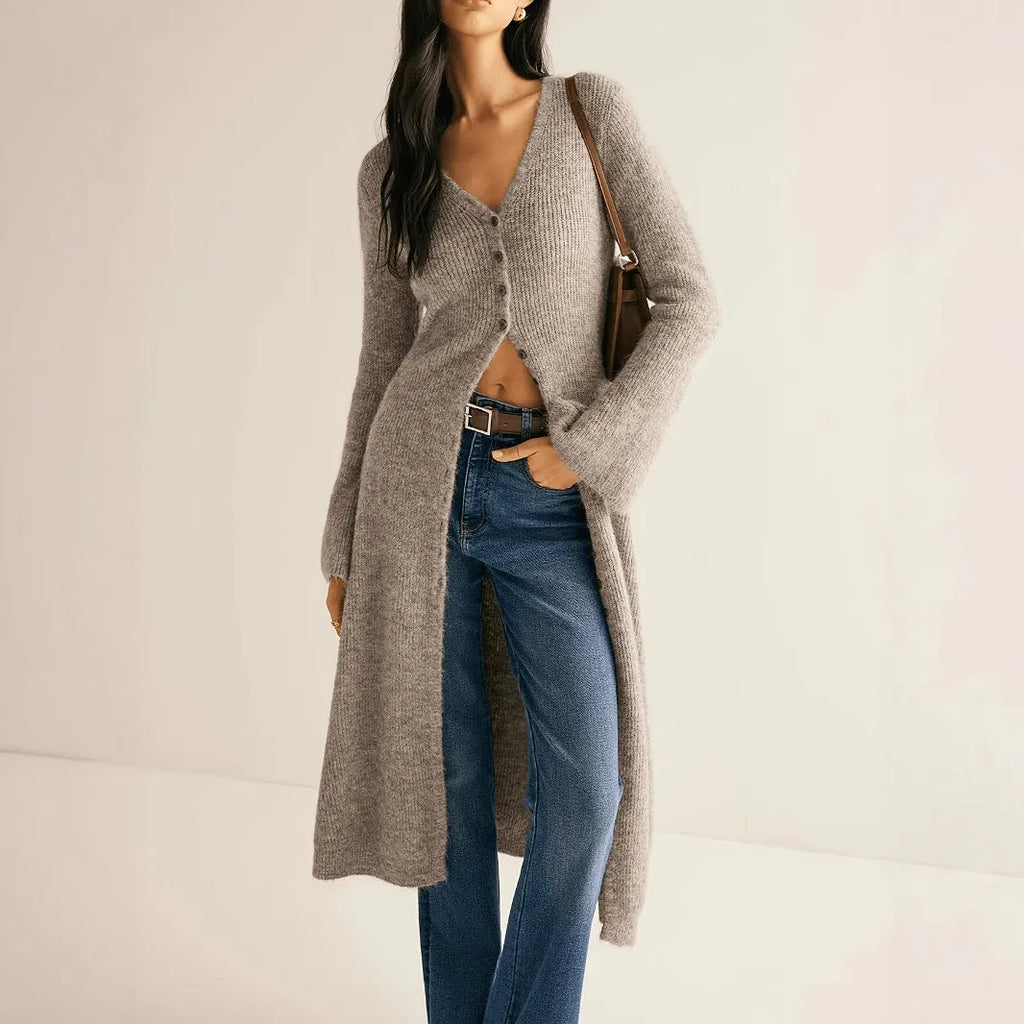Khaki coloured women's long sleeve button-front cardigan coat in a French retro style.