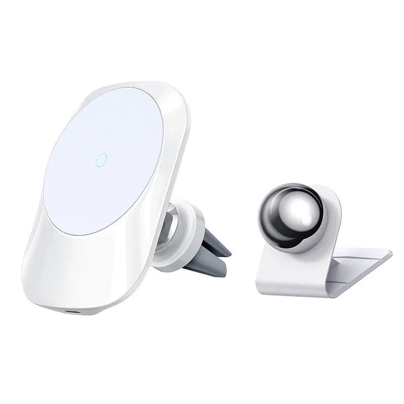 Black magnetic car wireless charging stand mounted on vehicle air vent with phone attached