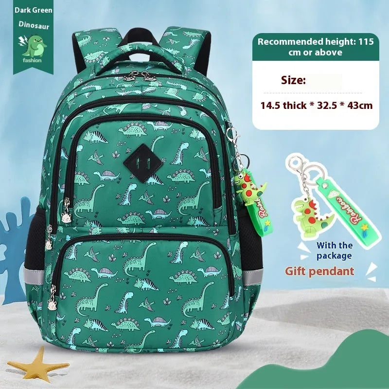 Blue dinosaur pattern children's waterproof school backpack with curved straps on a white background.