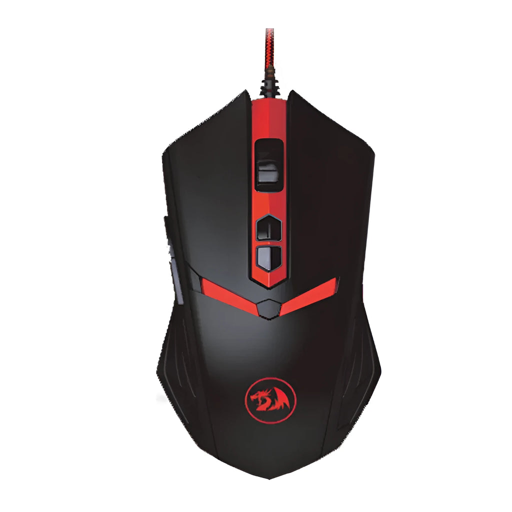 Black and red ergonomic USB wired gaming mouse with six buttons on a desk.