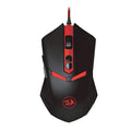 Black and red ergonomic USB wired gaming mouse with six buttons on a desk.