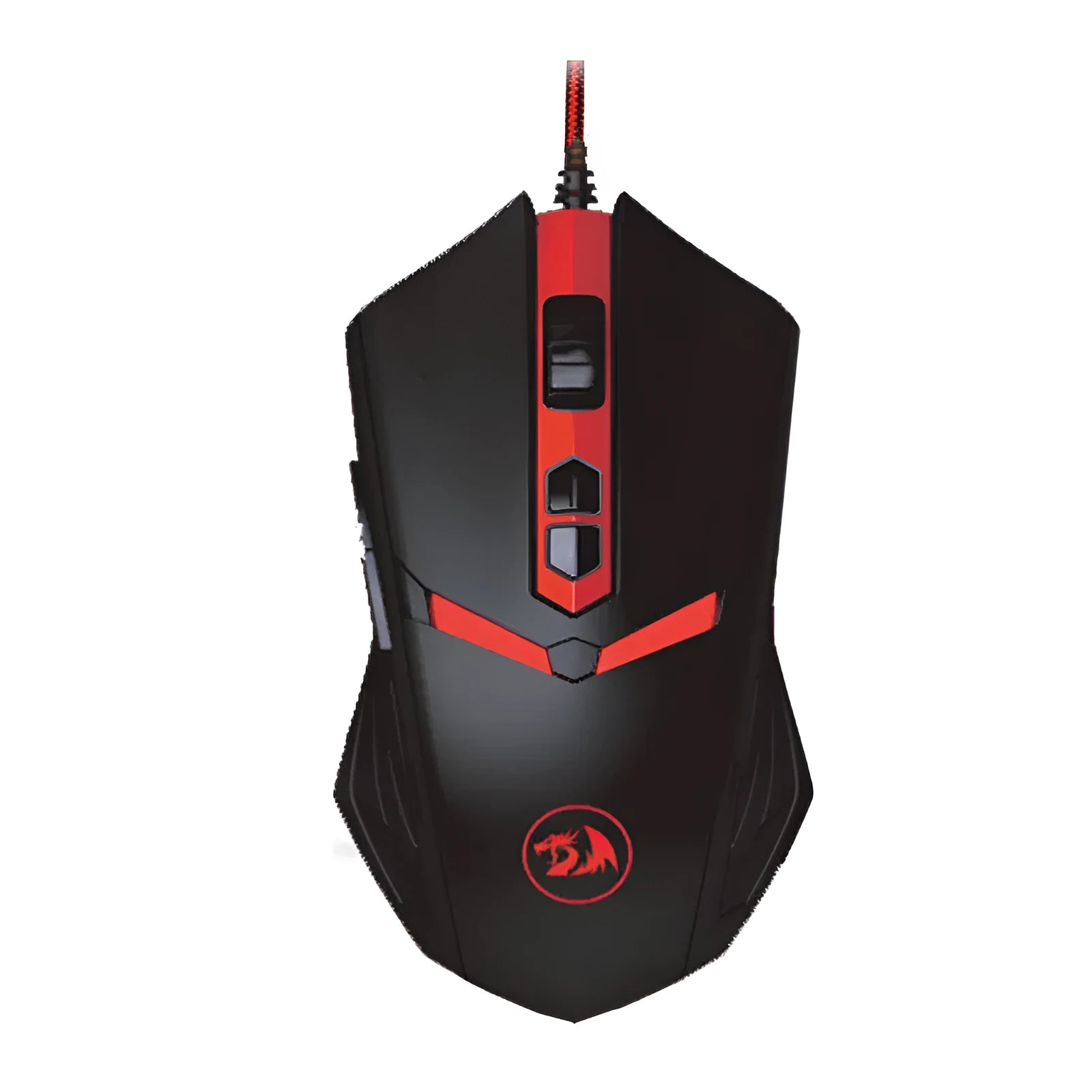 Black and red ergonomic USB wired gaming mouse with six buttons on a desk.