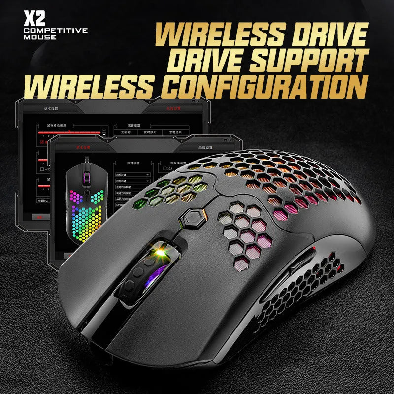 Free Wolf X2 wireless RGB gaming mouse in black, green, pink, white, and yellow colours on a desk