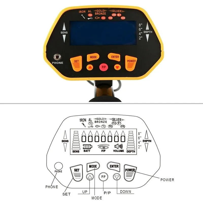 Black and yellow professional metal detector with LCD display and waterproof search coil