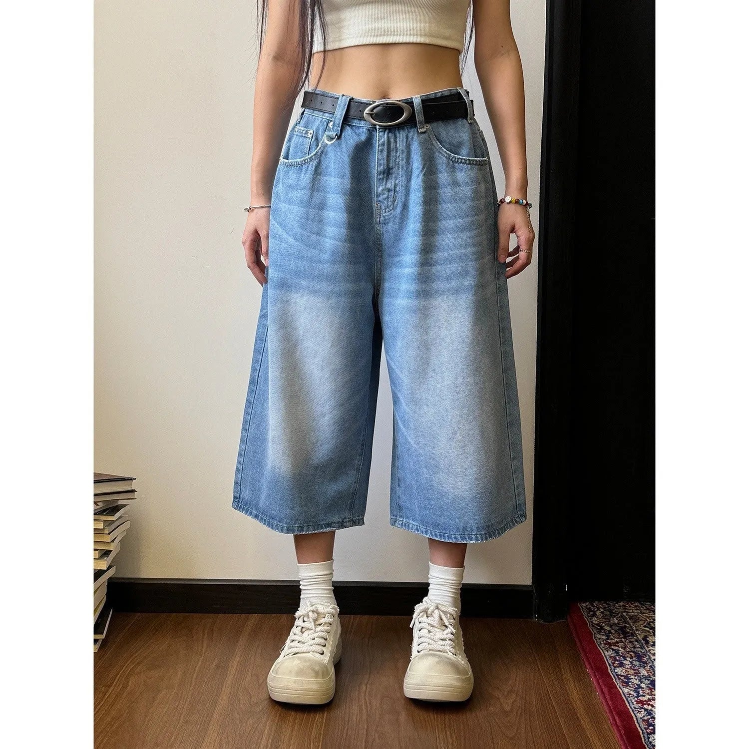 Men's loose straight-leg denim shorts in blue with micro-elastic true-ran fabric for summer wear