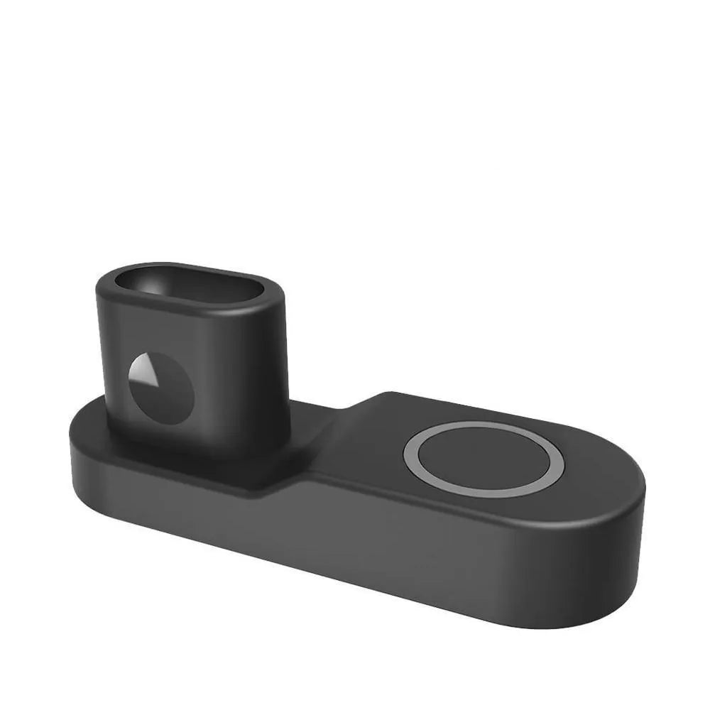 Black three-in-one wireless charging station for Apple iPhone, AirPods and Apple Watch with detachable magnetic charger
