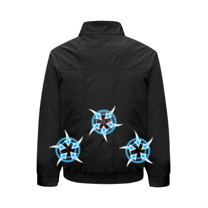 Men's black summer work jacket with multiple vent holes for a cooling fan system.