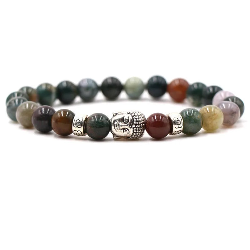 Natural stone stretch bracelet with tigereye, volcanic rock and turquoise beads on wrist