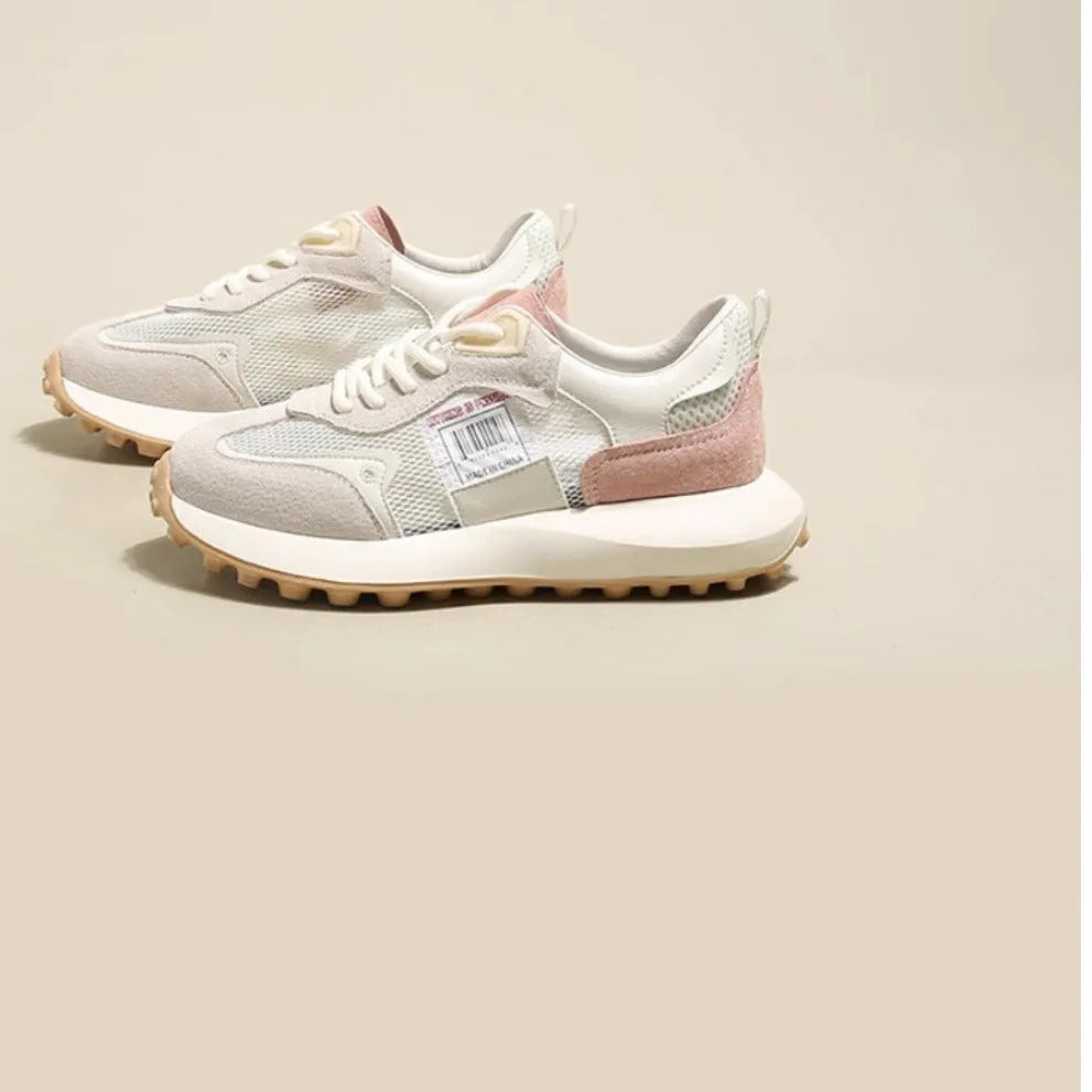 Women's grey and pink retro casual sneakers with mesh lining and rubber sole, low-top design
