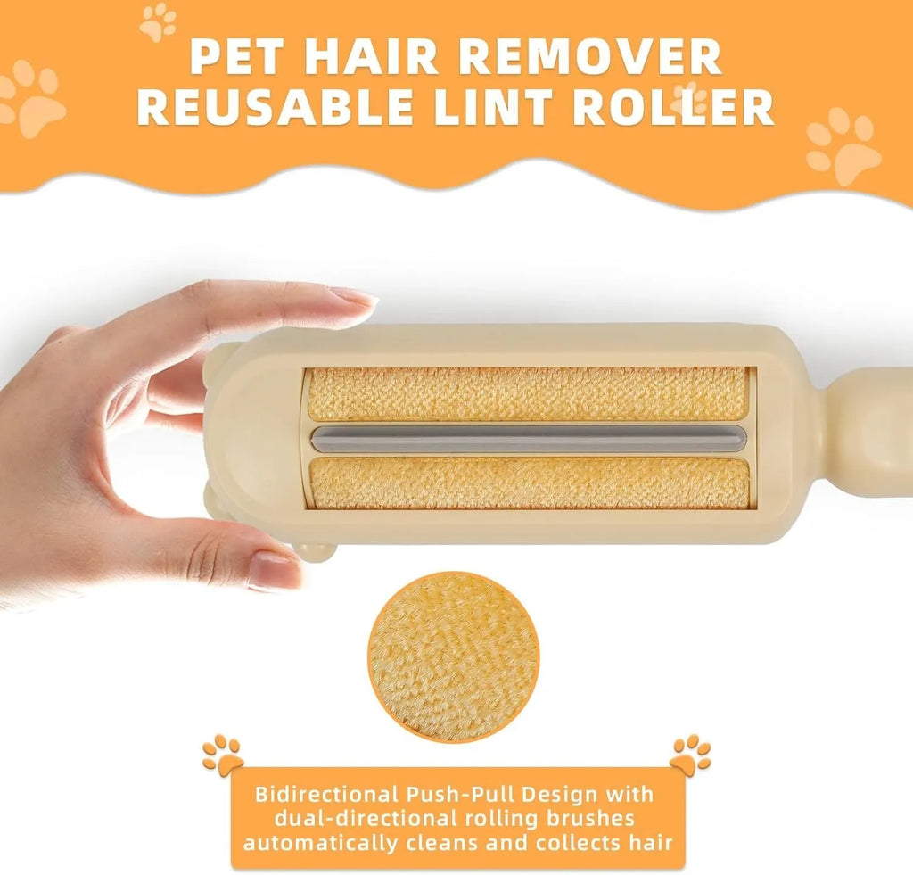Blue reusable pet hair remover roller with a self-cleaning base on a fabric sofa.
