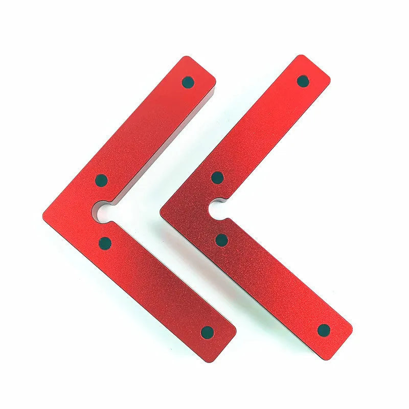 Aluminium right angle positioning block for woodworking jigsaw, showing scale and 90-degree clamp.