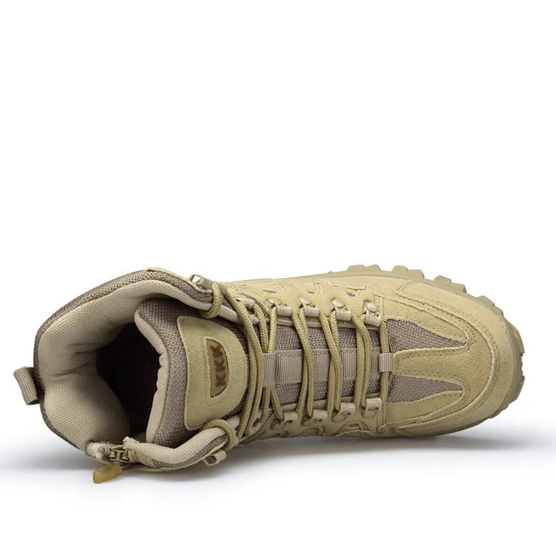 Men's black US Army Delta style tactical boots with a rugged rubber sole, shown on a hiking trail.