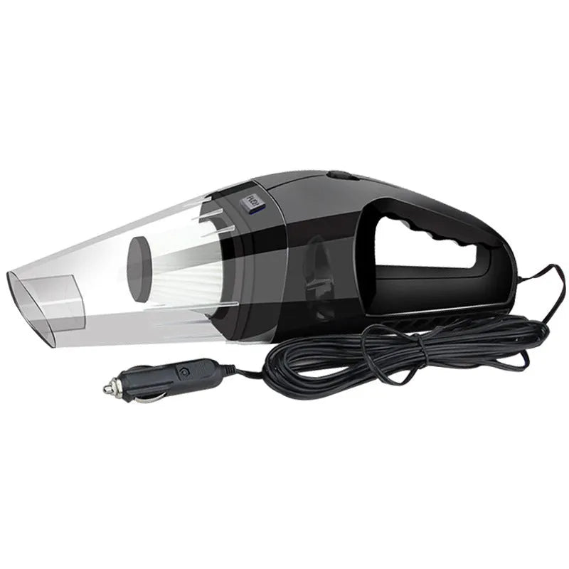 Orange, black, and blue 12V portable handheld car vacuum cleaner with nozzles.