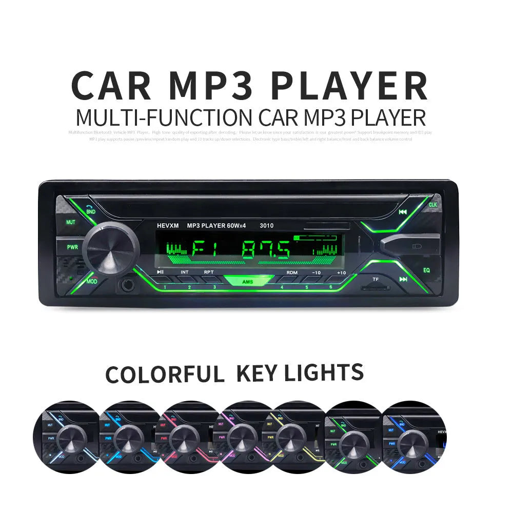 Car radio MP3 player with Bluetooth, USB port, TF card slot, LCD display, and rotary volume control
