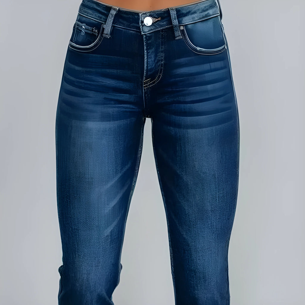 Women's solid colour denim jeans with hand-worn detailing in dark blue and light blue options
