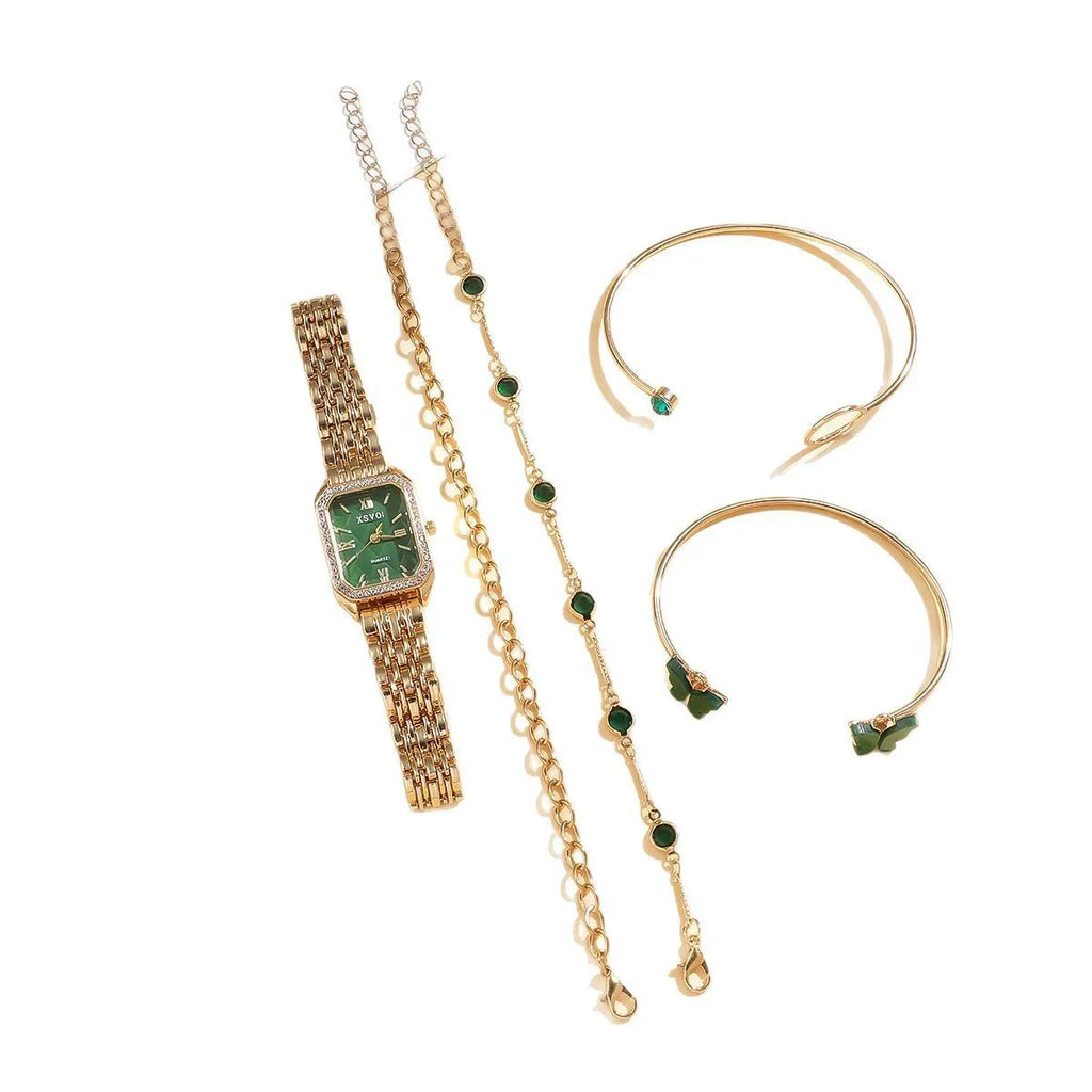 Gold green square women's watch with four matching bracelets in five-piece fashion jewellery set