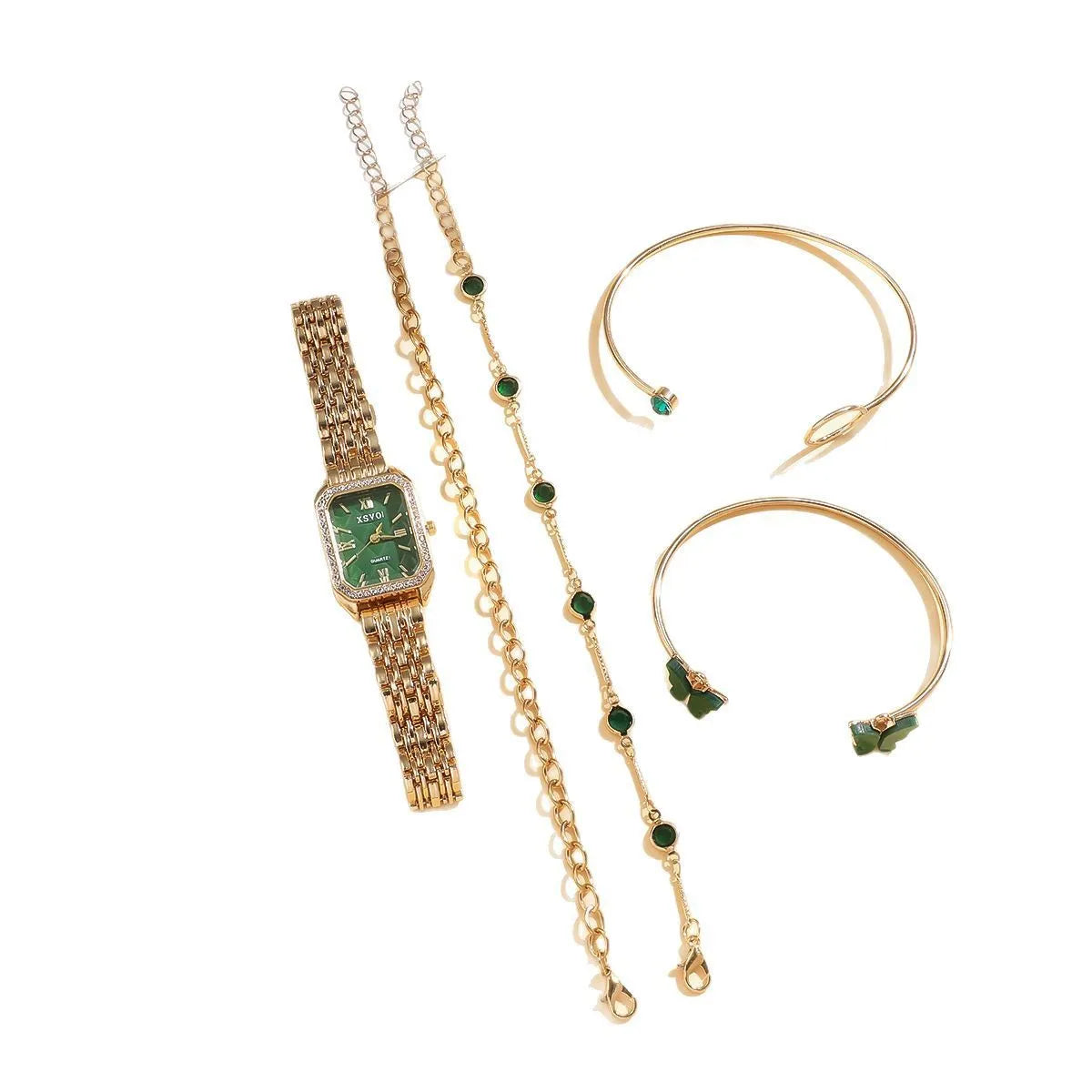 Gold green square women's watch with four matching bracelets in five-piece fashion jewellery set