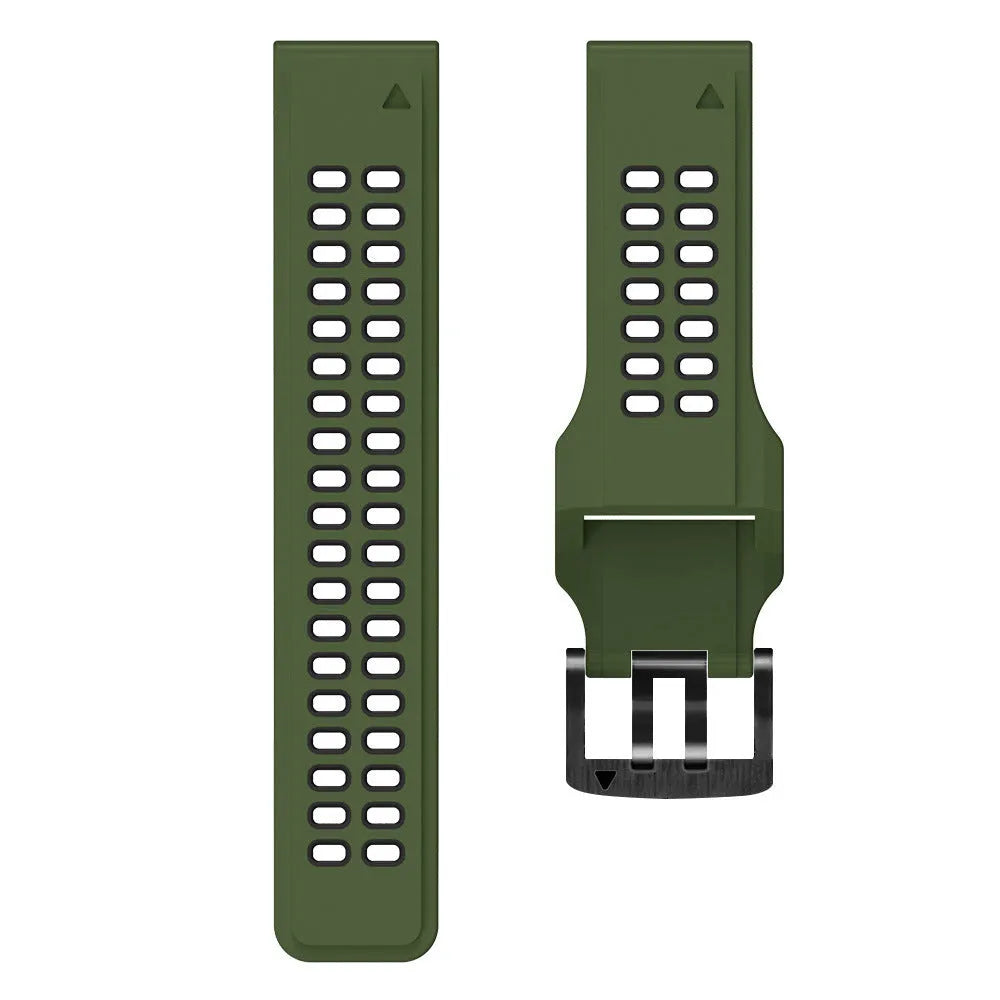 Quick release double-row hole silicone sports watch strap in a two-tone colour on a watch.