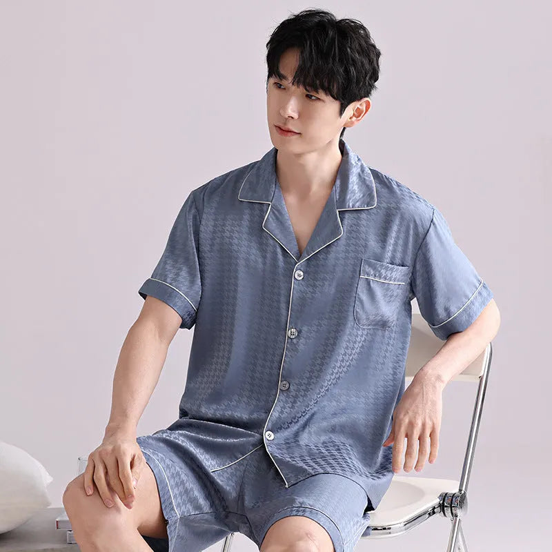 Men's ice silk pajama set in a blue houndstooth pattern, showing cardigan top and shorts.