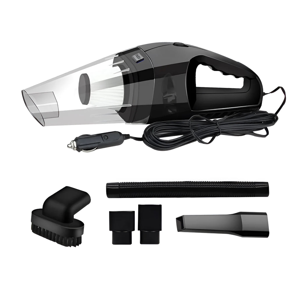 Orange, black, and blue 12V portable handheld car vacuum cleaner with nozzles.