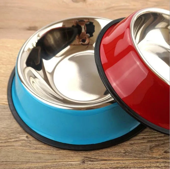 Stainless steel and colourful melamine pet bowl with a non-slip rubber base.