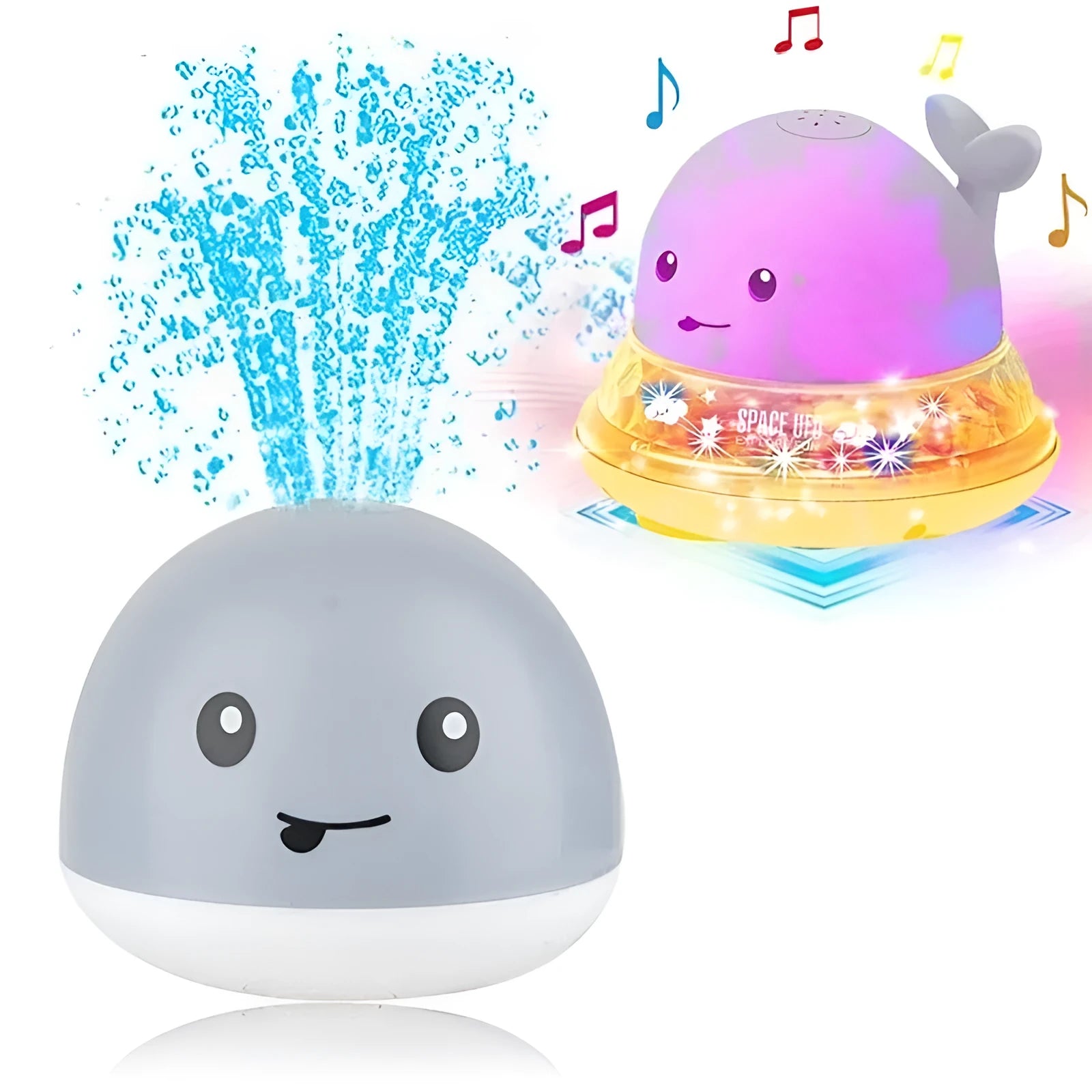 White and blue whale-shaped bath toy with water spray and LED lights floating in water