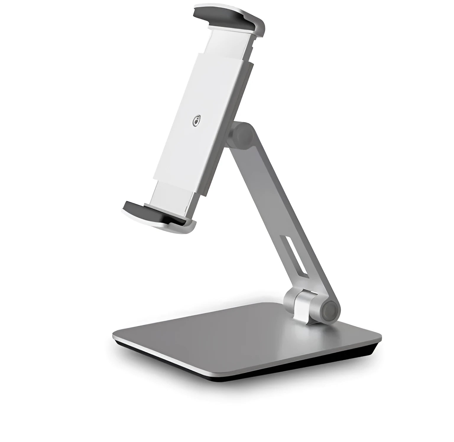 Silver folding aluminium desktop phone and tablet stand with 360° rotating base