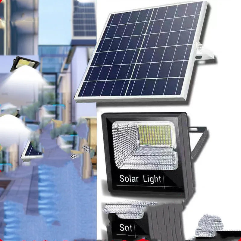 Black solar-powered outdoor LED garden floodlight with remote control on a wall.