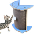 Grey cardboard corner cat scratcher with hanging ball mounted in a room corner.
