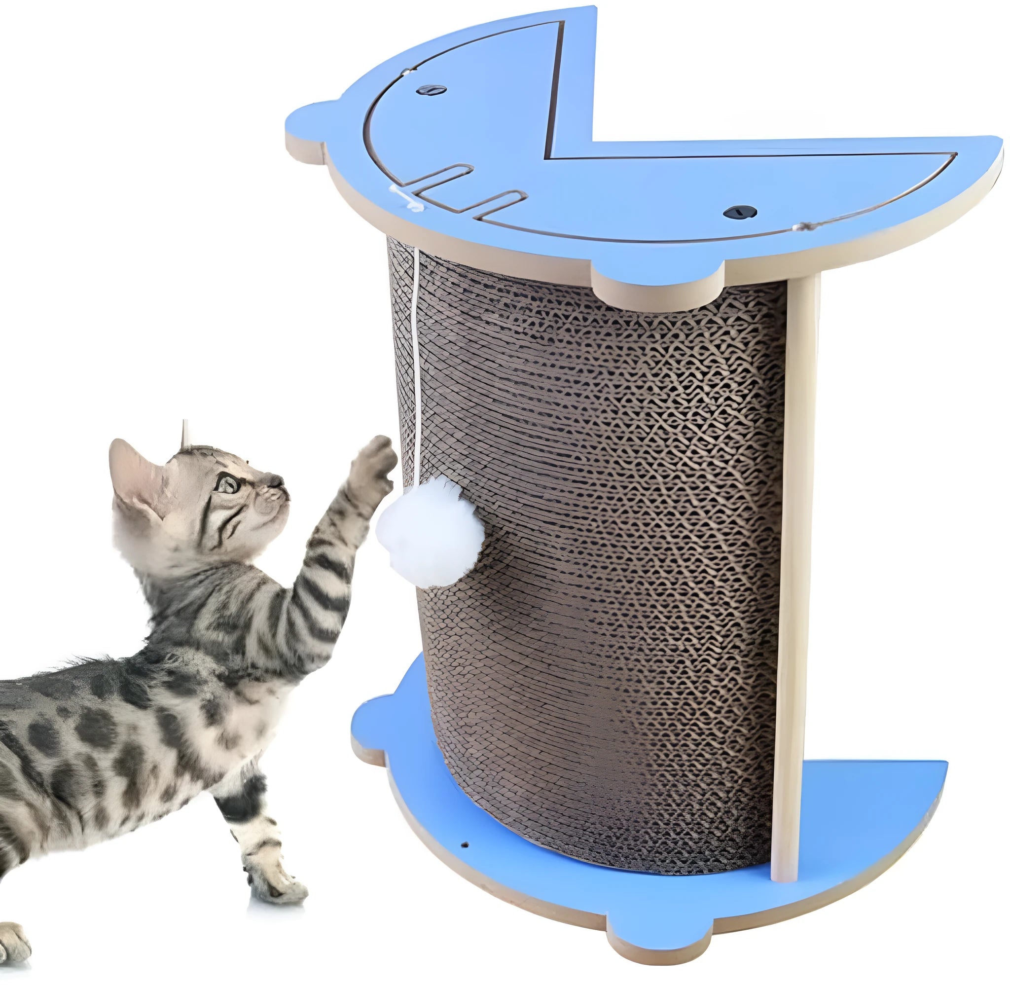 Grey cardboard corner cat scratcher with hanging ball mounted in a room corner.