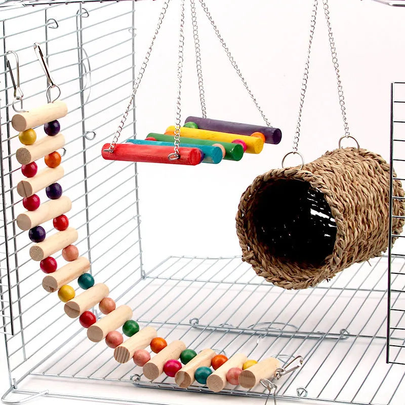 Wooden rat parrot toy set with swing climbing ladder colourful beads and natural cotton grass bed for small pet cage
