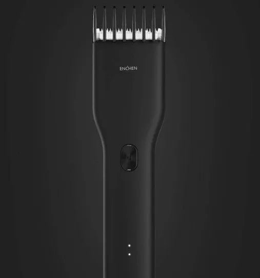 Black and white cordless electric hair clippers with adjustable comb on a stand