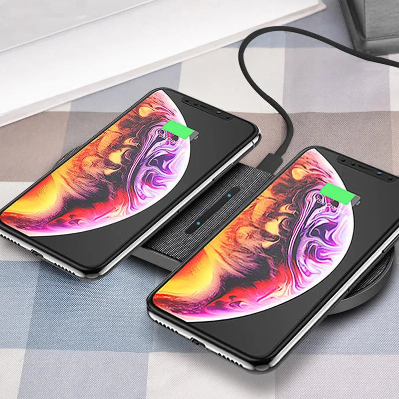 Black wireless charger pair with 10W quick charge capability and status indicator lights
