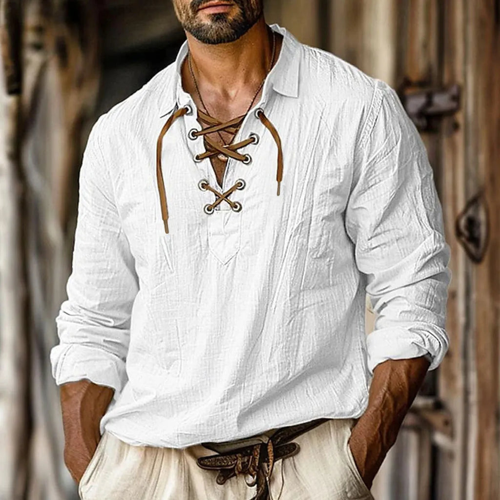 Men's loose fit long sleeve shirt with lapels and lace detail in a blue cotton-linen fabric.