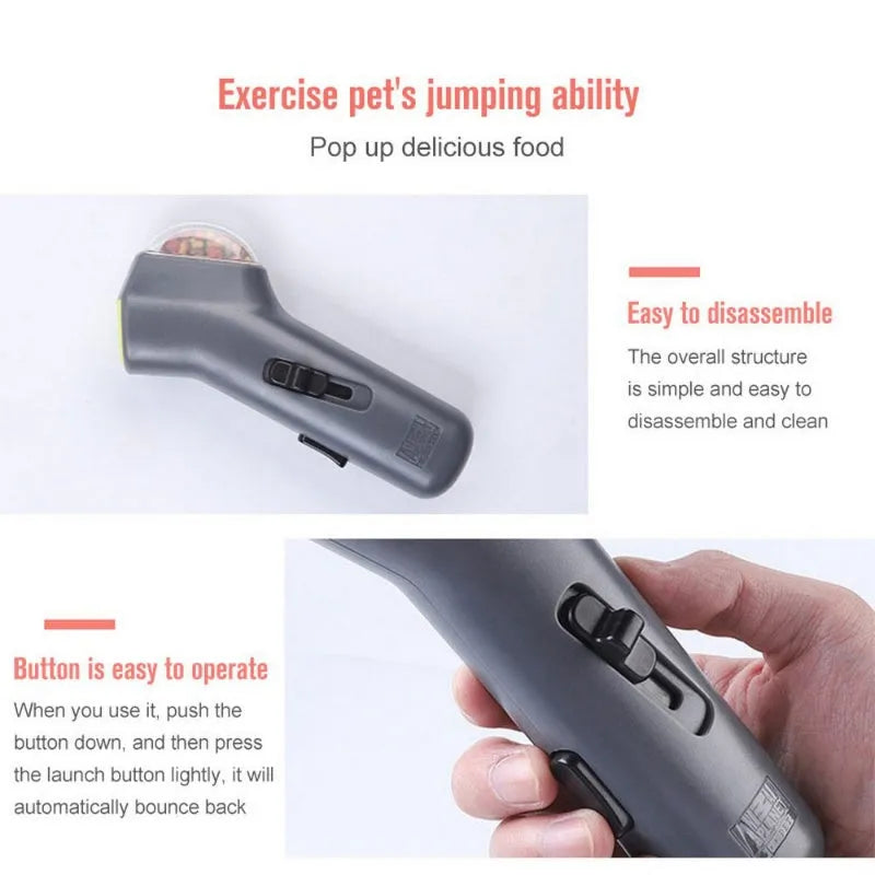 Grey plastic pet snack catapult launcher toy on a plain background.