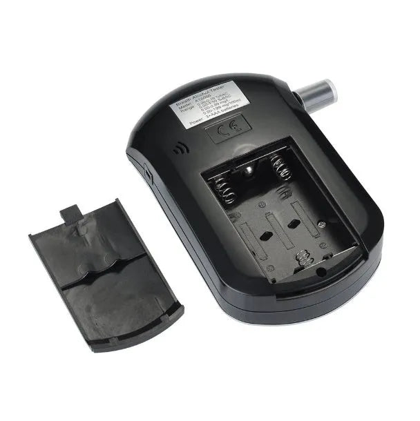 Black portable alcohol breath tester with digital screen and five mouthpieces.