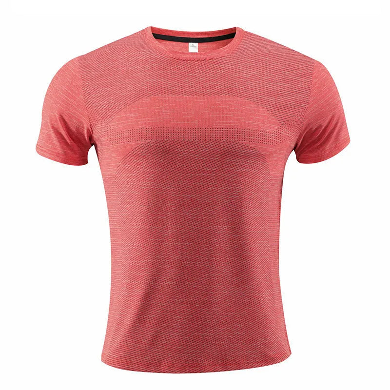 Men's short sleeve running t-shirt in polyester spandex fabric on a hanger