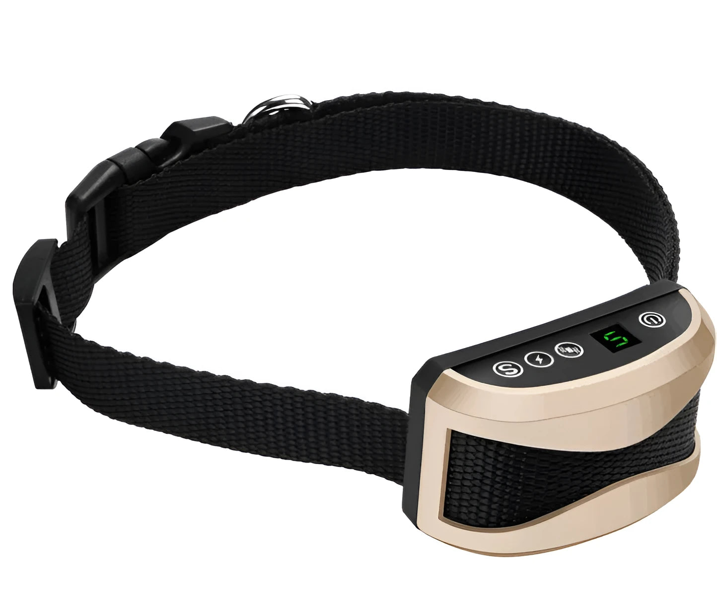 Electronic anti-bark dog training collar with digital display on a black adjustable reflective strap.
