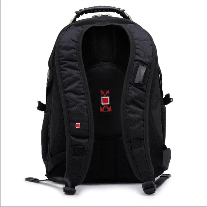 Black business computer backpack with multiple compartments open, showing laptop sleeve and organiser pockets