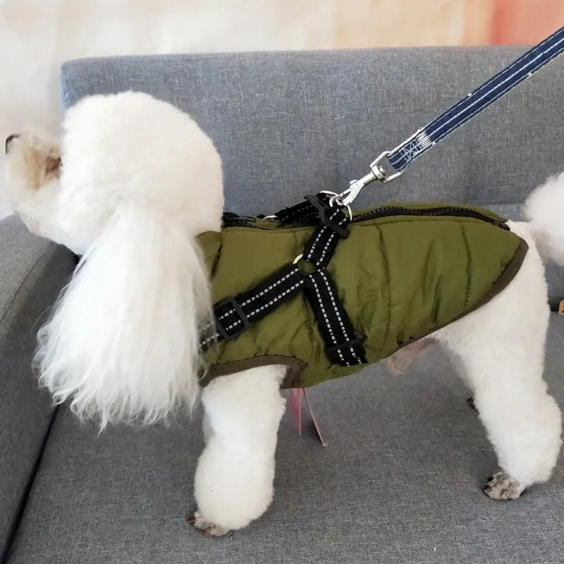 Waterproof dog coat with integrated harness in rain silk fabric available in red, navy blue, and army green colours