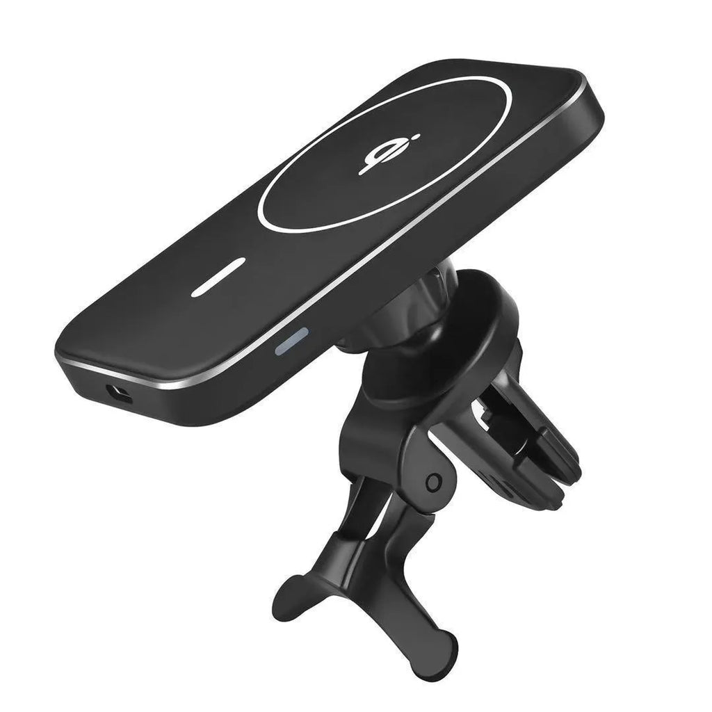Black M6 magnetic wireless charging car phone bracket mounted on dashboard